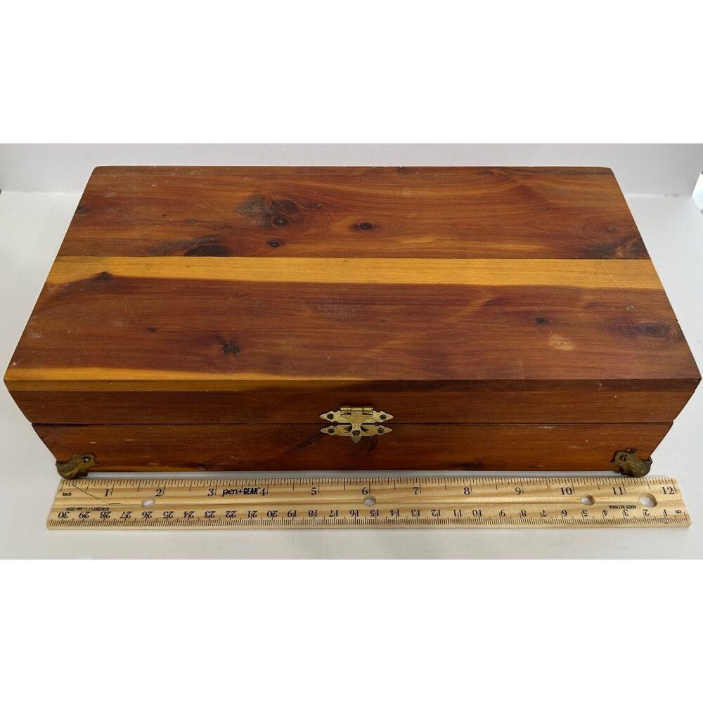 Vintage Wooden Cedar Jewelry Trinket Storage Box Metal Hinges & Feet 11.25"x3" - Picture 8 of 9